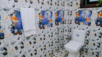 Hair dryer, towels, soap, toilet paper