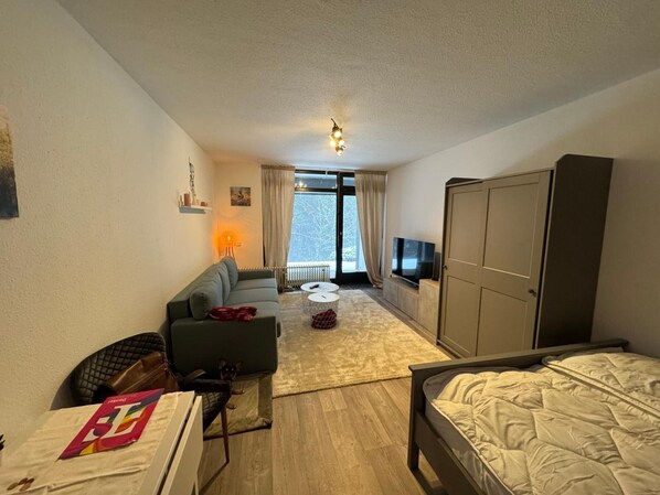 Une chambre d’hôtel équipée d’un canapé, d’un lit, d’une télévision, d’une armoire, d’un bureau, d’une lampe et offrant une vue sur l’extérieur.