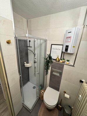Ein Badezimmer mit Duschkabine, Toilette, Bidet, Handtuchhalter und Heizkörper.