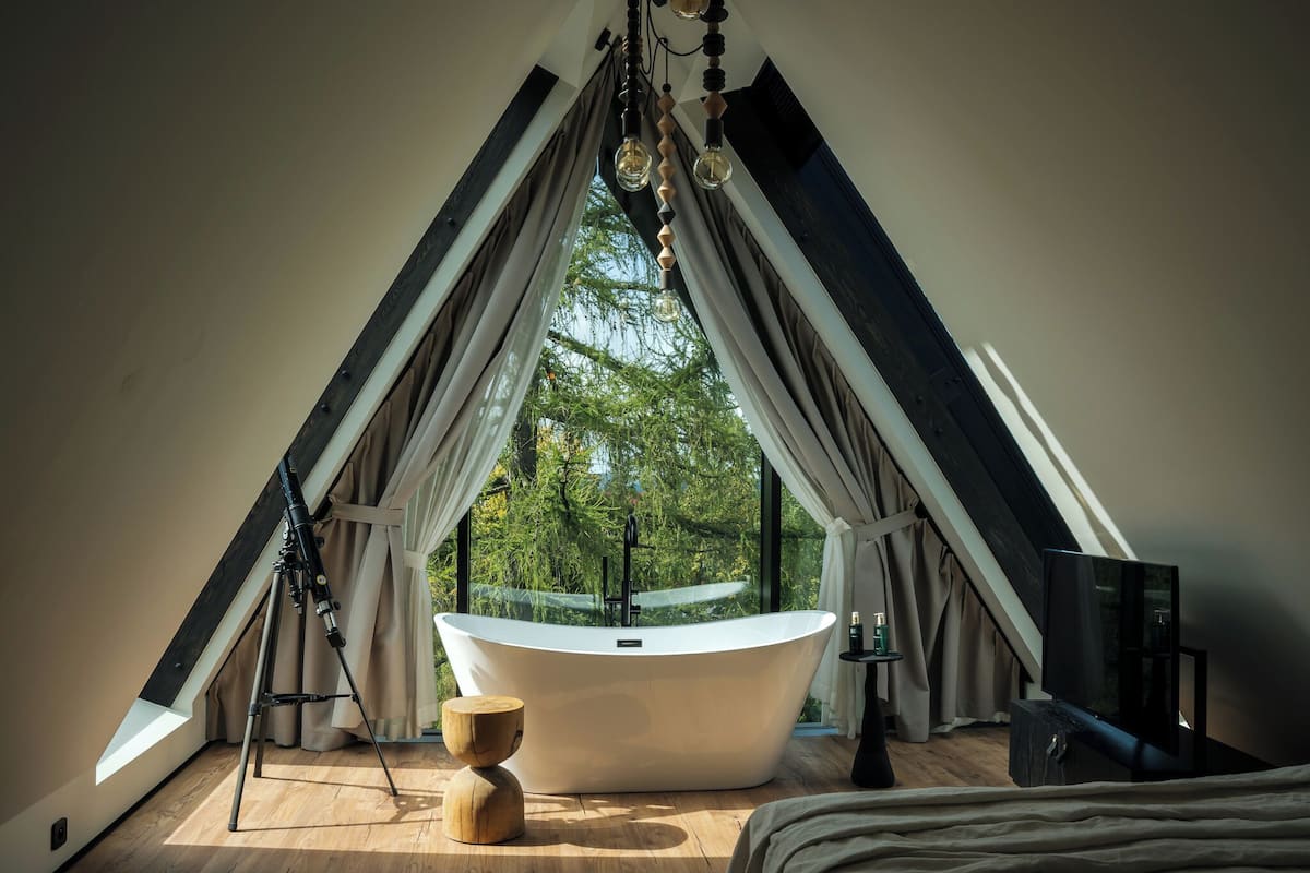 A bedroom with a skylight, a bathtub, and a bed.