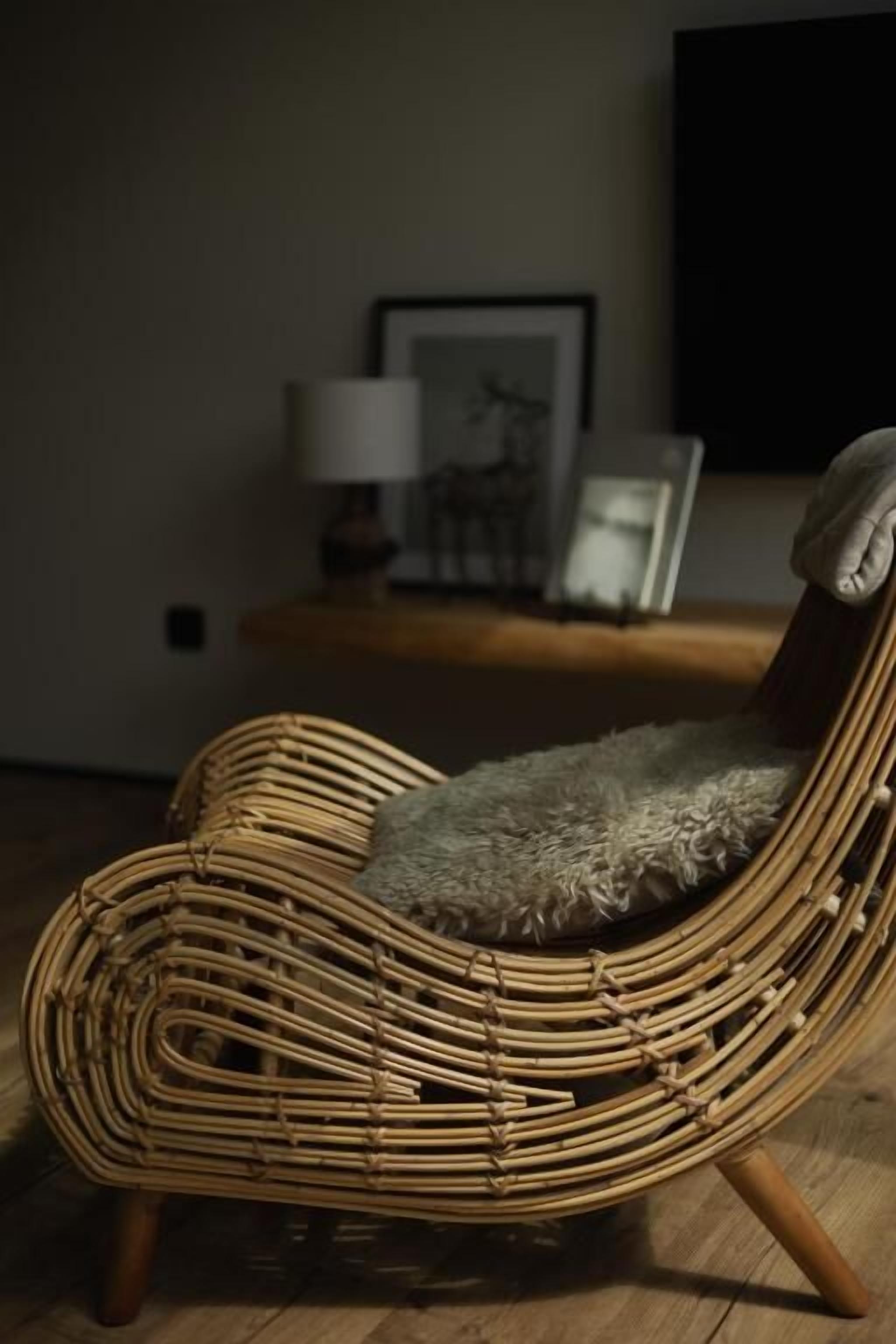 Una silla de mimbre con un cojín mullido en una habitación con suelo de madera, una lámpara y cuadros en la pared.
