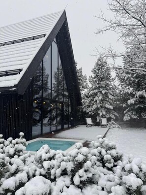 A modern building with large windows, a pool, and snow-covered trees.