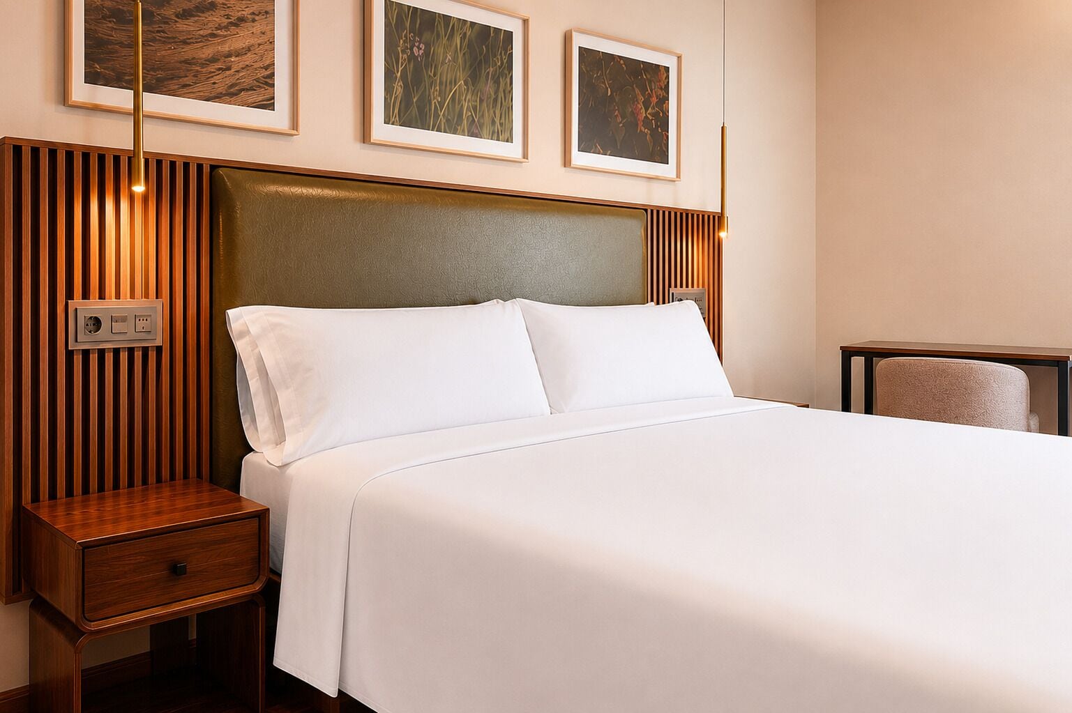 A hotel room with a bed, a nightstand with a drawer, a wooden headboard, and three framed pictures on the wall.
