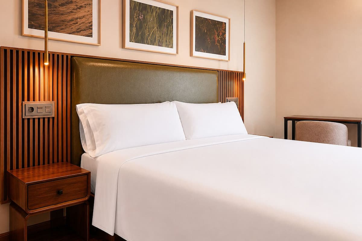 A hotel room with a bed, a nightstand with a drawer, a wooden headboard, and three framed pictures on the wall.