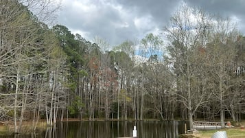A lakeside park with picnic tables and a walking path.