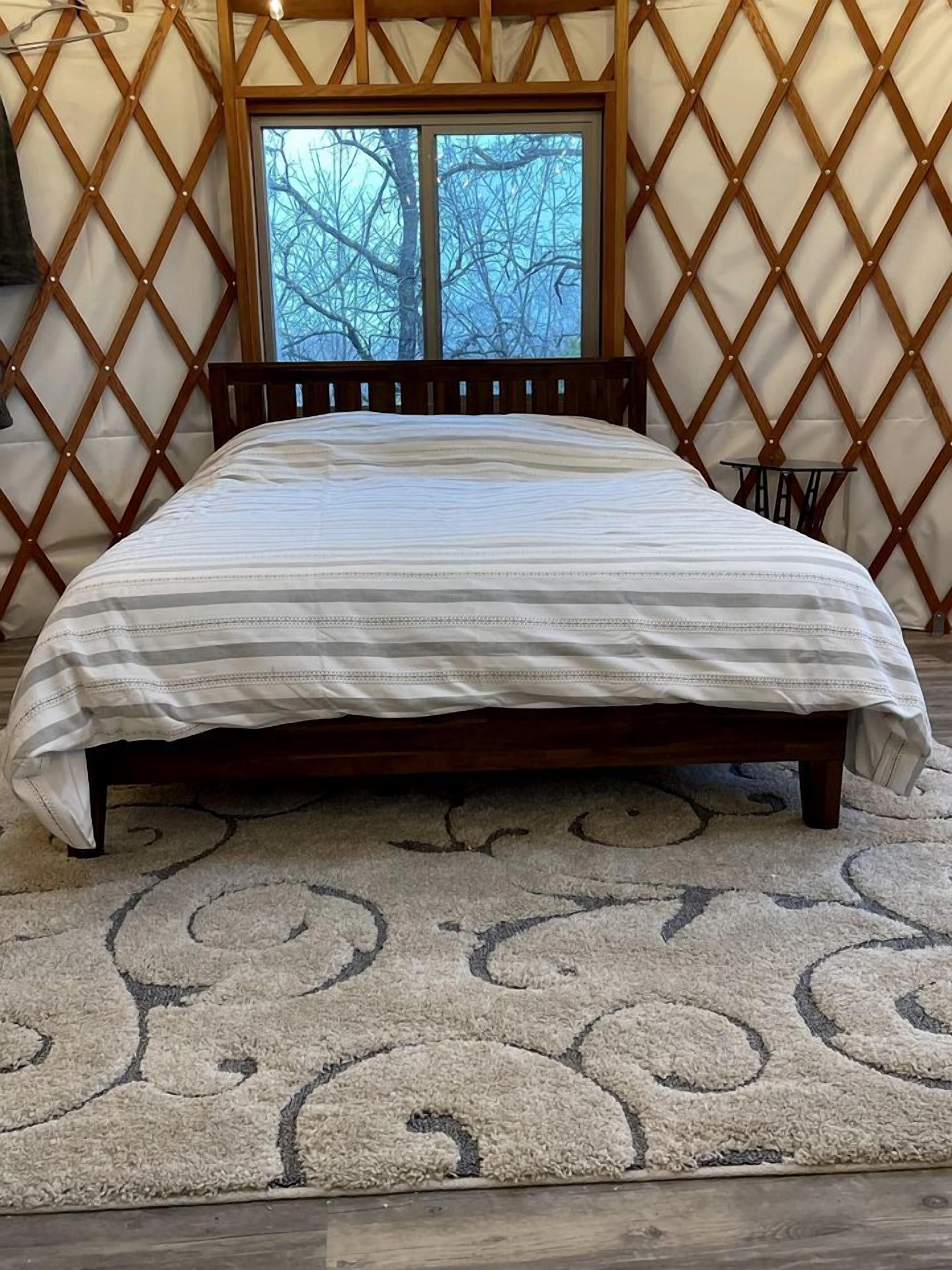 A bed with a striped bedspread, a window with a view of bare trees, and a patterned rug.
