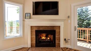 Una habitación con chimenea, televisor montado encima y vista al exterior a través de una puerta.