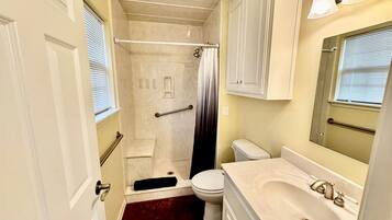 Une salle de bain équipée d’une douche, de toilettes, d’un lavabo et d’un miroir.
