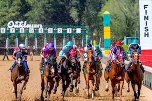 A horse race with jockeys on horses, a finish line, and a dirt track.