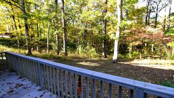 A wooden deck with a railing overlooking a forested area.