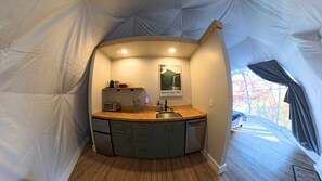 A compact kitchen with a sink, countertop, and cabinets, a poster of a forest, and a window with curtains. - Luxury Geodome with Sauna, Hot Tub & Mountain Views near Pisgah National Forest, North Carolina (Balsam Grove)