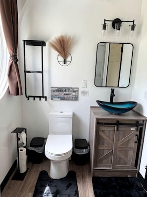 A modern bathroom with a toilet, bidet, vanity with a sink, and a mirror.