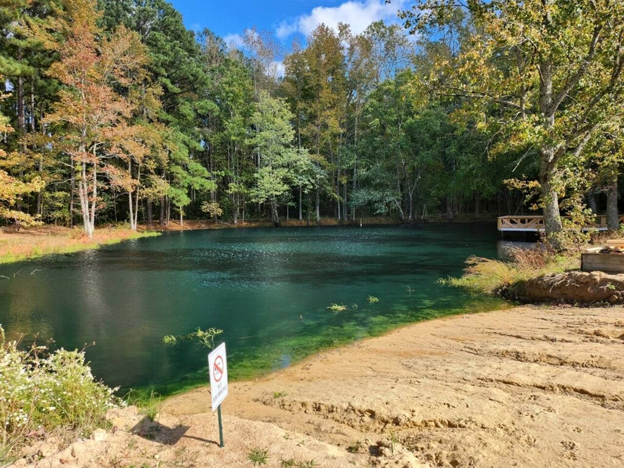 A clear lake surrounded by trees, a sandy area, and a wooden dock.