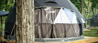 Starlit Geodesic Dome Haven Overlooking a Mountain River in New York’s Catskills