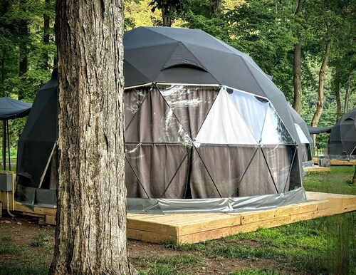 Starlit Geodesic Dome Haven Overlooking a Mountain River in New York’s Catskills