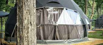 Starlit Geodesic Dome Haven Overlooking a Mountain River in New York’s Catskills