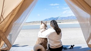 A tent with a view of a desert landscape. - Spacious Pet-Friendly Safari Tent on Yuba Lake with Spectacular Views for a Memorable Glamping Escape in Utah (Levan)