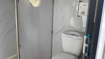 Une salle de bain comprenant des toilettes, un espace douche et un climatiseur fixé au mur.