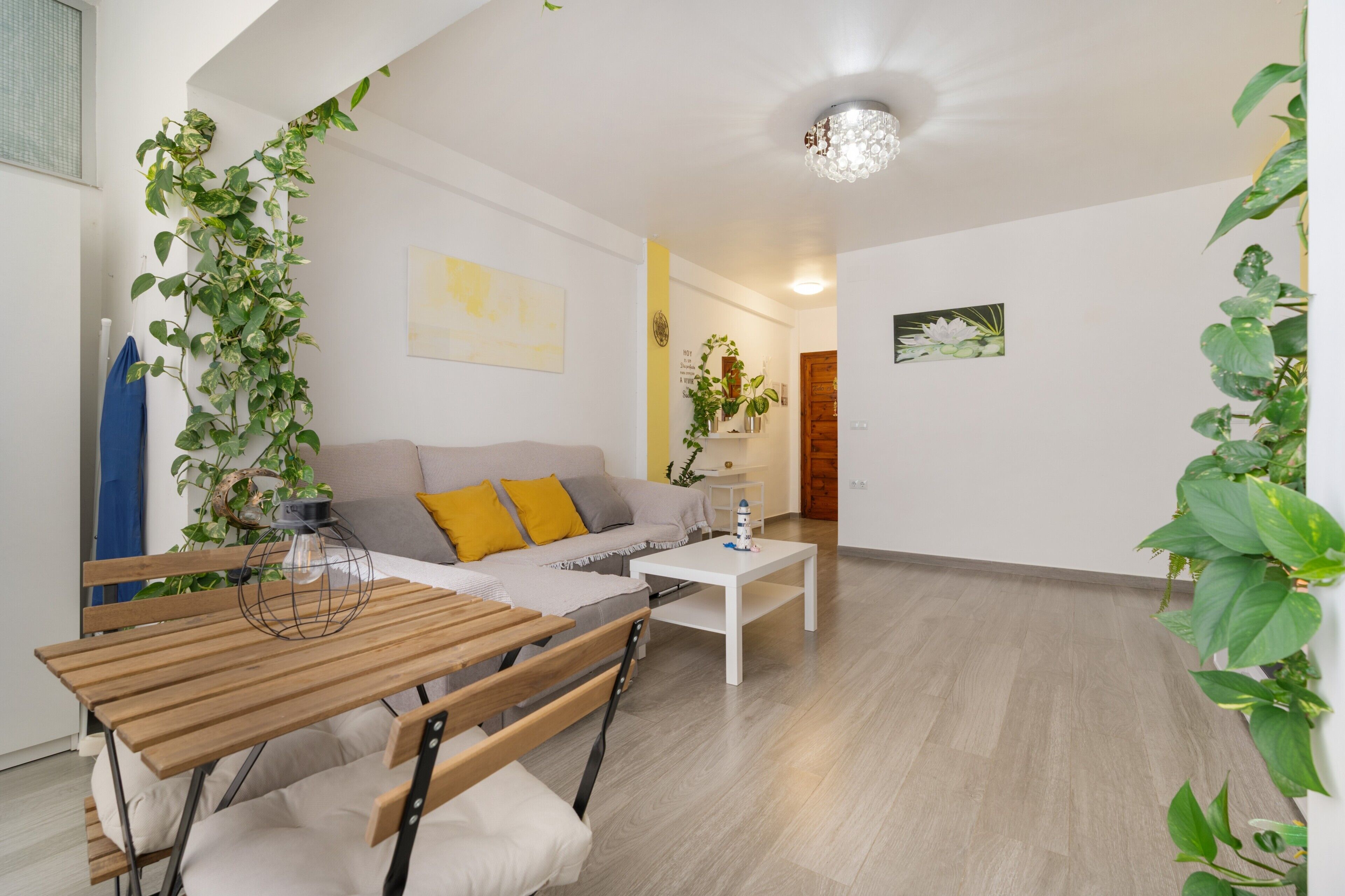 Un saló modern amb un sofà, una taula de centre i una taula de menjador amb bancs.