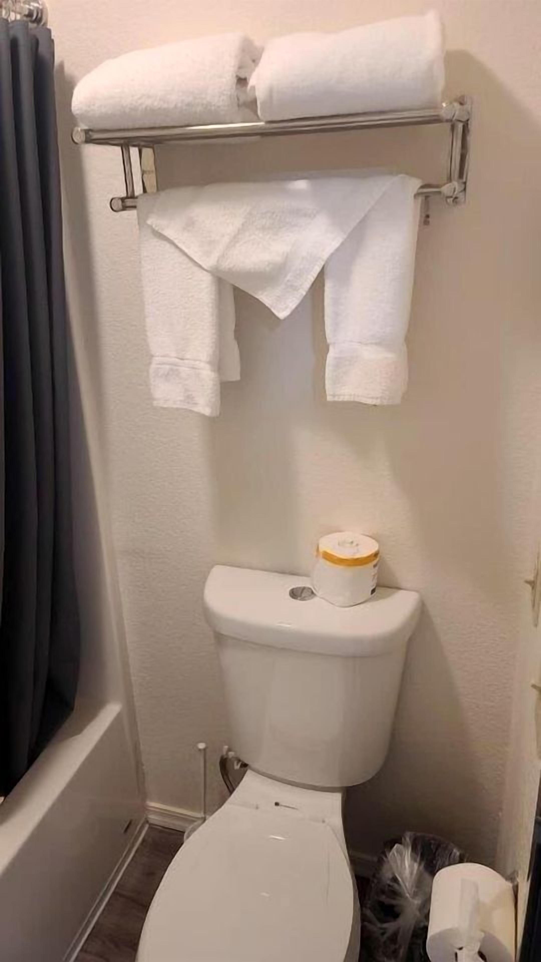 A bathroom with a toilet, a towel rack with two towels, and a toilet paper holder.