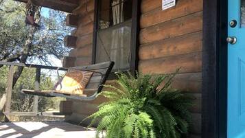 A wooden cabin with a porch, a bench, and a fern plant.