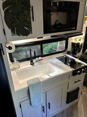 A compact kitchenette with a sink, stove, and microwave, a large window with a view, and a plant above the microwave.