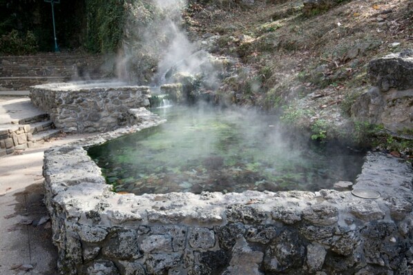 Ein steinerner Thermalquellen mit klarem Becken, umgeben von Steinmauern und Stufen, die zum Wasser führen.
