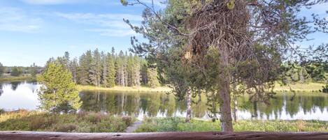 A wooden deck overlooking a calm lake with trees and a clear sky.