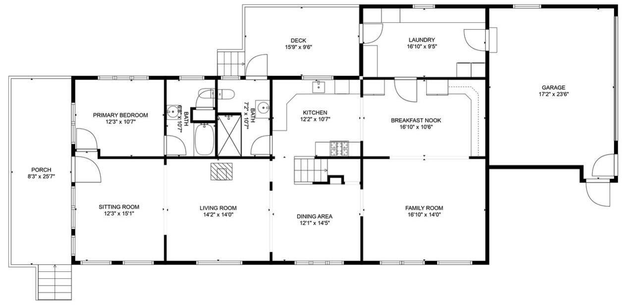 Un plan d’étage comprenant une chambre principale, un salon, un coin repas, une cuisine, une pièce à vivre, une salle familiale, une buanderie, une terrasse et un garage.