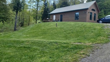 A log cabin with a metal roof, surrounded by a grassy hill and trees.