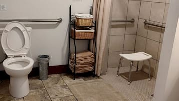 Hair dryer, towels, soap, shampoo