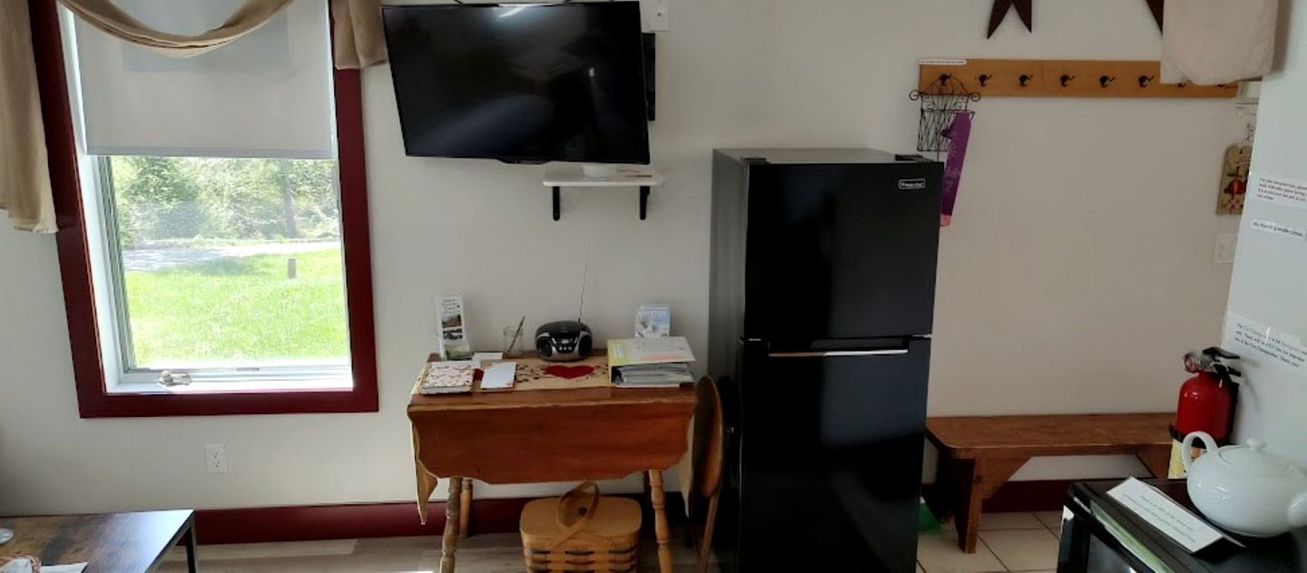 Uma pequena cozinha compacta com televisão, frigorífico e janela com vista para o verde.