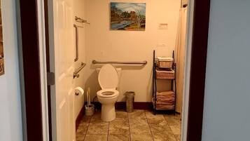 Hair dryer, towels, soap, shampoo