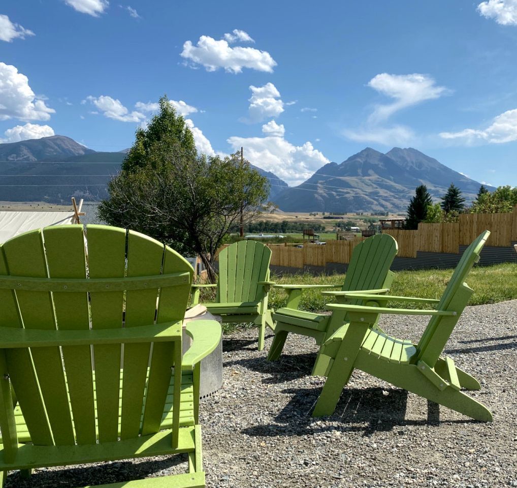 Outdoor seating with a mountain view.