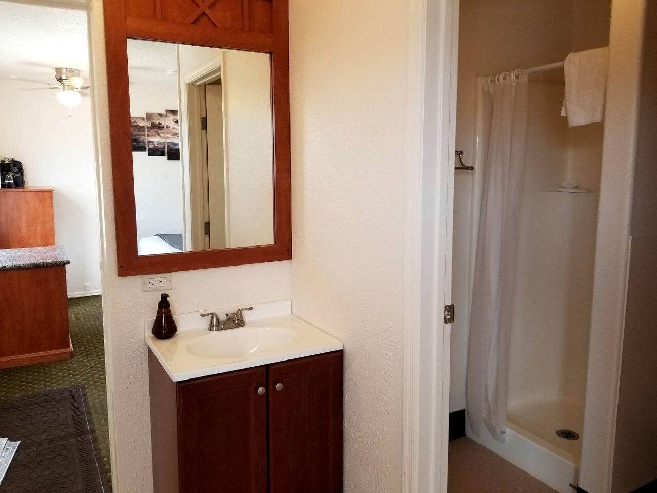 A bathroom with a wooden vanity, a mirror, and a shower area.
