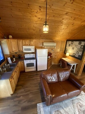 Une cuisine compacte avec des meubles en bois, un four à micro-ondes, une cuisinière et un réfrigérateur. On y trouve un canapé en cuir marron et une petite table avec une lampe.