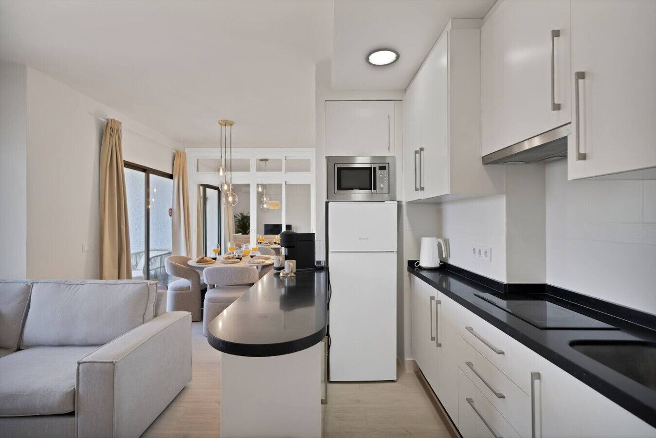 Fridge, microwave, coffee/tea maker, toaster