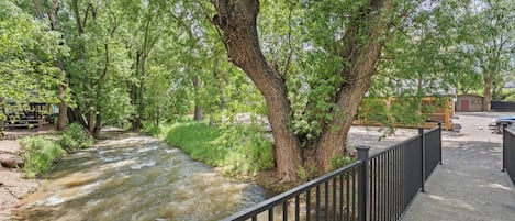 A river flowing through a park with trees and a metal fence.