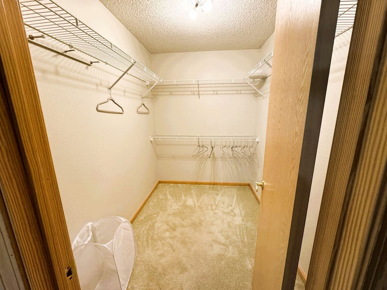 A small, carpeted closet with metal shelving and a hanging rod.