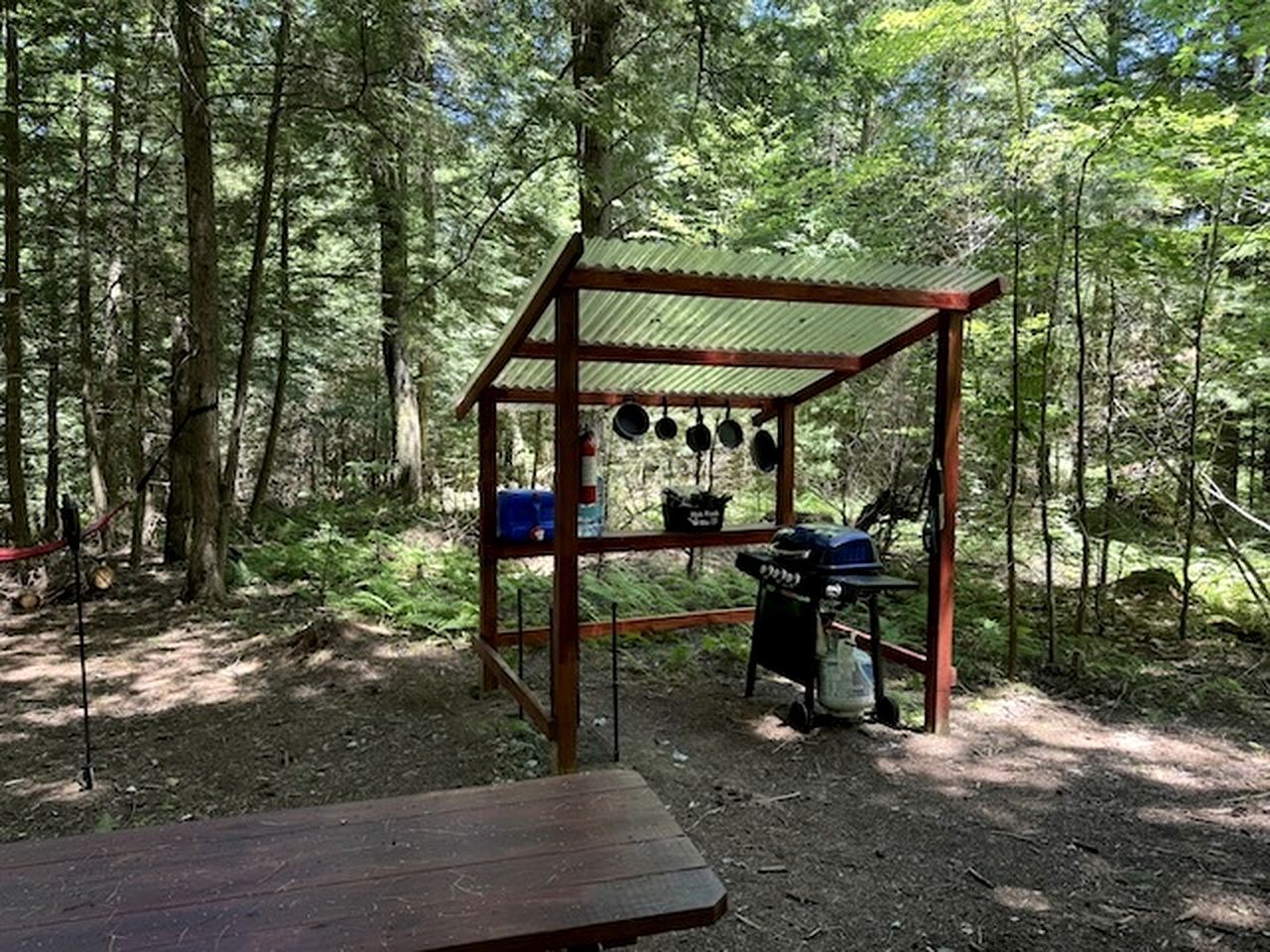 Un campamento arbolado con una estructura metálica, una parrilla y una mesa de picnic.