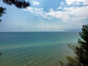 Una vista despejada de un mar tranquilo, con una línea de horizonte, rodeado de árboles y un cielo parcialmente nublado.