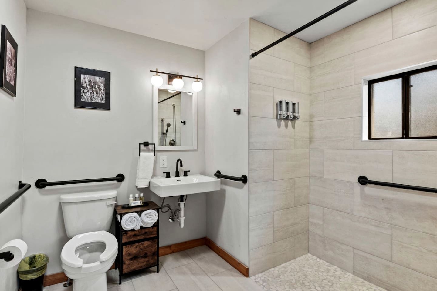 Ein Badezimmer mit Toilette, Waschbecken, Dusche und Handläufen.