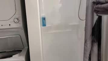 Hair dryer, towels, soap, shampoo
