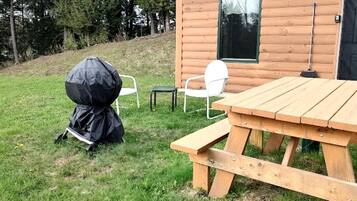 En stuga av trä med ett picknickbord och stolar, en överbyggd grillplats och en dörr med ett fönster.