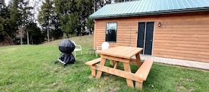 En træhytte med et picnicbord og grill udenfor.