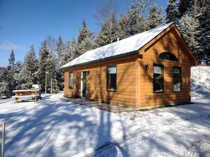 Uma cabana de madeira com telhado coberto de neve, uma porta e uma janela.