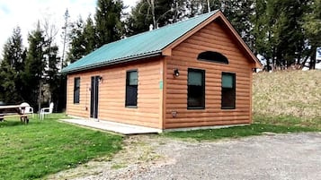 Une petite cabane en bois avec un toit vert, une véranda et une table de pique-nique à proximité.