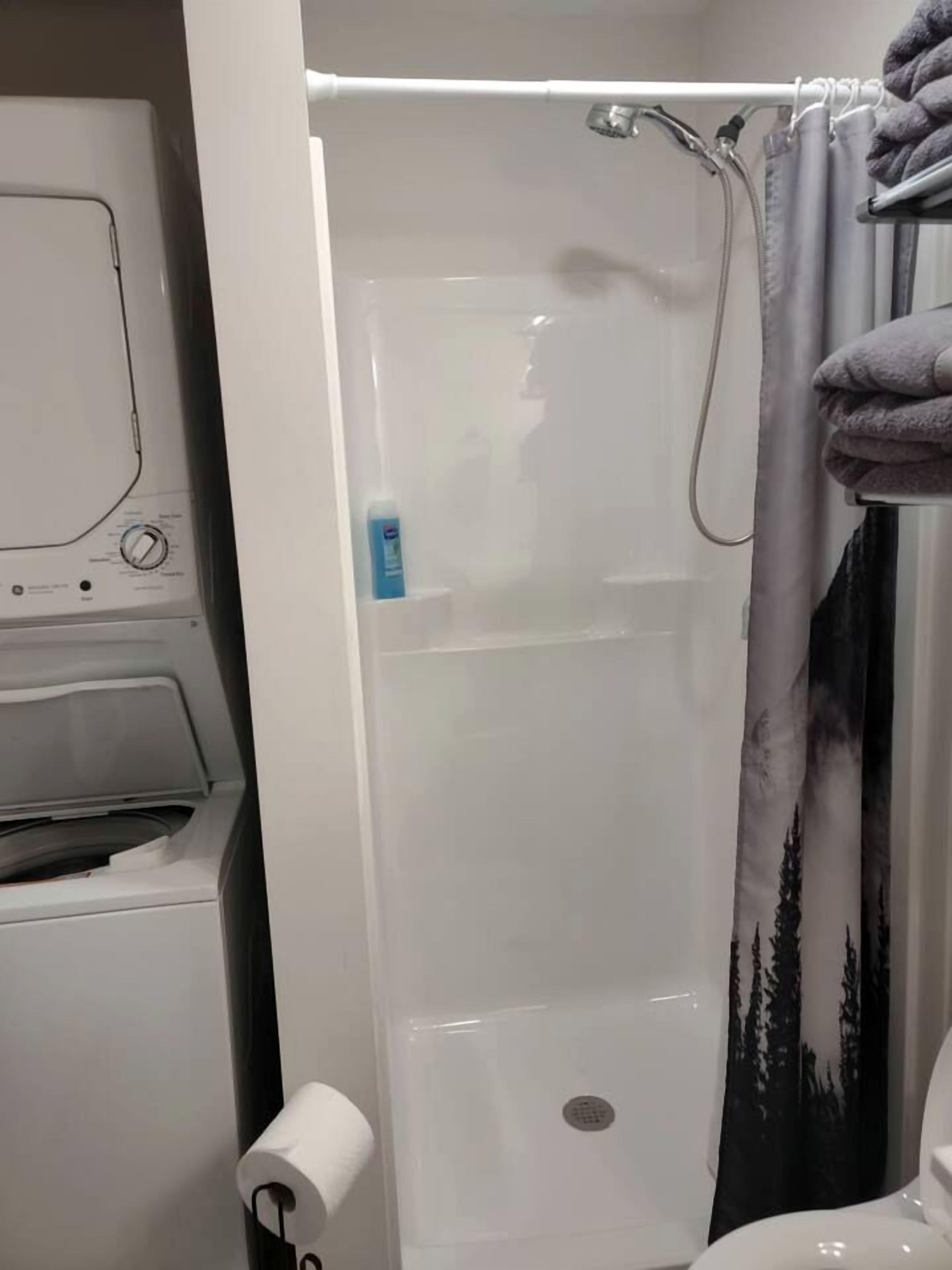 Une salle de bain équipée d’un rideau de douche, de toilettes, d’un porte-serviettes en papier et d’un distributeur de savon.
