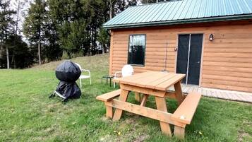 A wooden cabin with a picnic table and a grill outside.