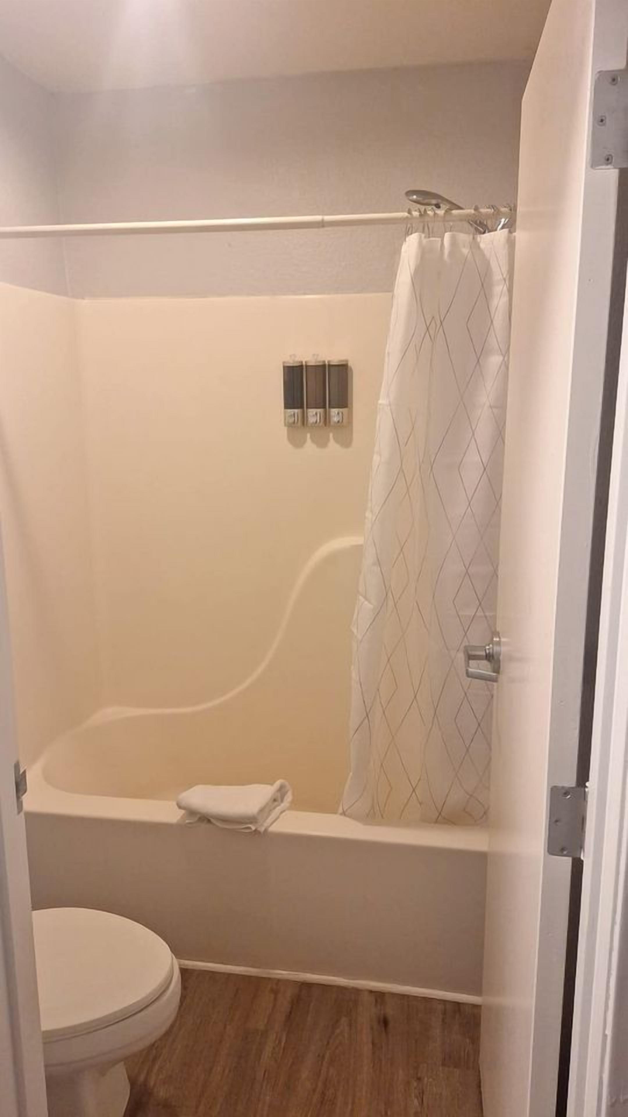 A bathroom with a bathtub, toilet, and a shower curtain.